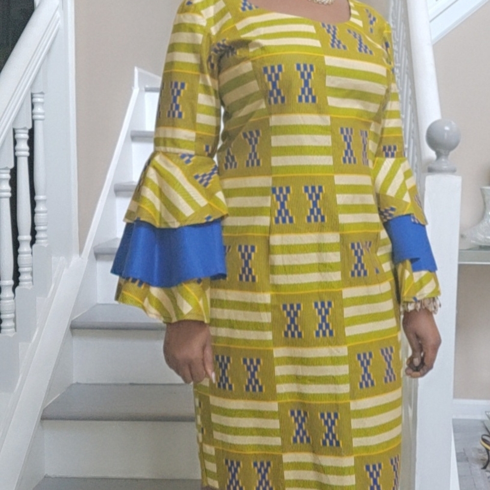Elegant Yellow and Blue African Print Women's Dress With Bell Sleeves